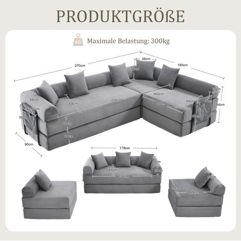 Modulares Sofa 270 x 180 x 64 cm aus dunkelgrauem Cord mit Tasche – MEUBLIV (1/5)