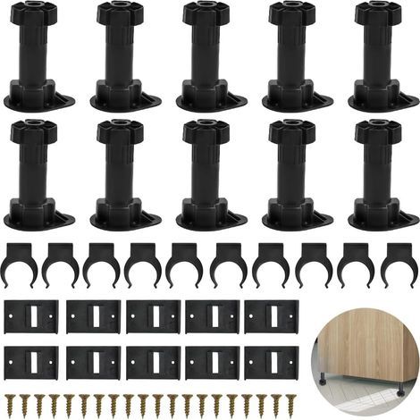 10 Pcs Pied de Meubles Réglable 100-120mm Pied Meuble Cuisine Pieds de Meuble en Plastique Pied Caisson Cuisine Épais Pieds Cuisine Reglable avec Clips et Vis pour Armoire Placard Canapé (1/5)
