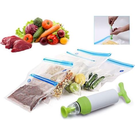 Trade Shop - SET VAKUUM-ZIP-BEUTEL MIT HANDPUMPE 2 CLIPS ZUM VERSCHLIESSEN DER BEUTEL VERSCHLIESSEN - (1/5)