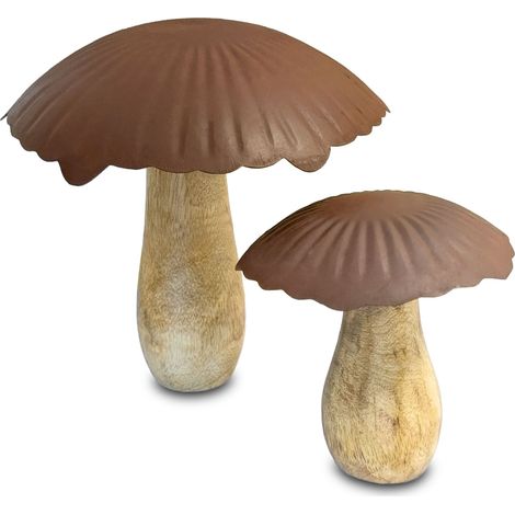 Mango Holz Pilz mit Metall Schirm 2er Set - 15 / 10 cm - Wald Deko Tisch Figur mit Rost Optik - Herbst Aufsteller Dekofigur zum Hinstellen