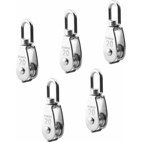 Polea simple de acero inoxidable 304, 20 mm de diámetro, para cable/cuerda, capacidad de carga de 75 kg, paquete de 5 unidades. (1/4)