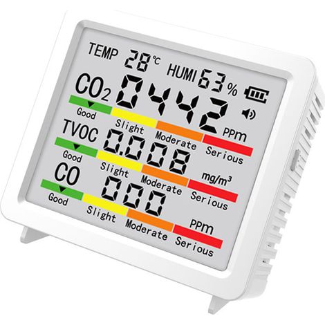 Détecteur gaz 5-en-1 CO2 TVOC CO thermomètre hygromètre portatif intérieur extérieur maison bureau voiture blanc (1/5)
