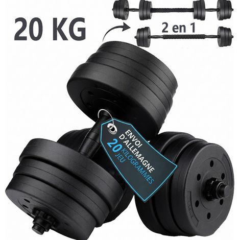 Kit Haltères Réglables 20 kg 2 en 1 avec Barre de Connexion, Utilisable en Haltères ou Barre d’Entraînement, Disques PVC Remplis de Ciment, Ensemble Compact pour Maison - Noir (1/5)