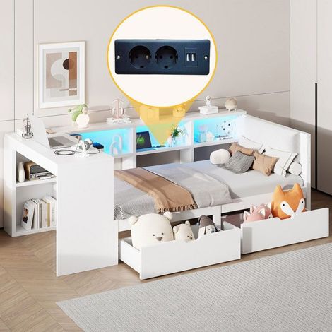 Lit plateforme 90x200 cm blanc avec rangements, tiroirs, LED multicolores et station de recharge – sans matelas (1/5)