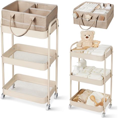 Desserte à Roulettes avec Panier Rangement Bébé, Chariot de Rangement 3 Niveaux, Sac a Langer Bebe Portable, Rangement Table a Langer Bebe, Organisateur Cuisine Chambre, Salle de Bain(Marron) (1/5)