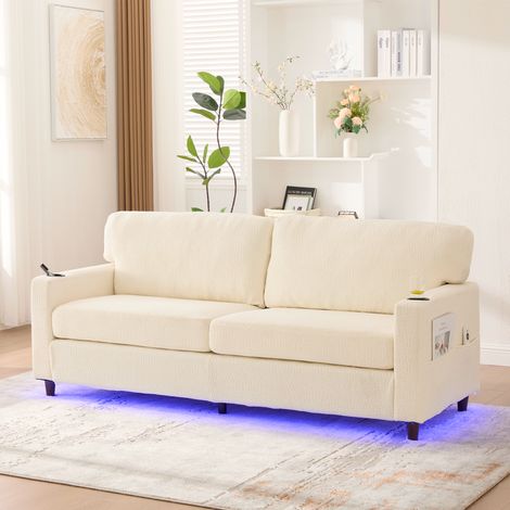 Moderner 2-Personen Chenille-Sofa mit USB-C, LED-Ambiente, Getränkehaltern und Seitentaschen. Holz/Metall-Rahmen mit Komfortschaum. Ideal für Wohnzimmer, Schlafzimmer oder Büro. beige