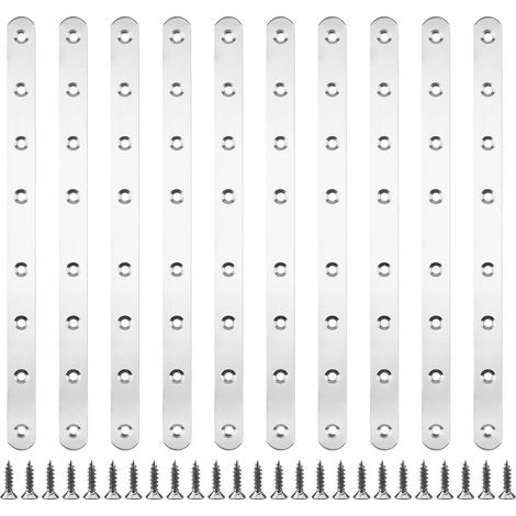 10 pièces 293 x 19 x 3 mm Pattes D'assemblage Supports de Fixation Droits Plats Plaques Dassemblage Métalliques en Acier Inoxydable avec 80 vis de Fixation pour Cadres de Lit, Chaises, Tables (1/5)
