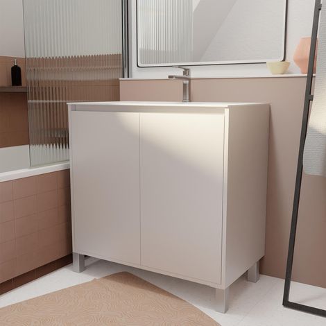 Set Mobile Bagno 80 cm Laccato Bianco 2 Ante con Lavabo in Ceramica - XENOS
