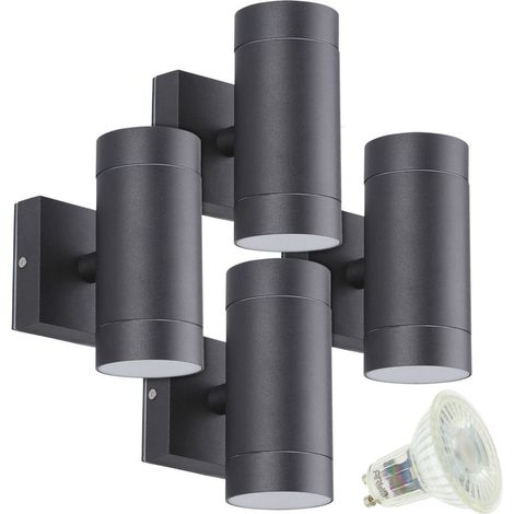 Lot de 4 Appliques VENICE NOIR Extérieure double faisceau avec 8 Ampoules LED GU10 5W Température de Couleur: Blanc chaud 2700K
