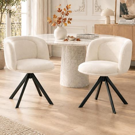 Wahson Lot de 2 Chaises Salle à Manger en Chenille, Pivotante à 360°,Chaise de Cuisine Assise Rembourrée, Épais avec Double Dossier pour Bureau Salon Chambre, Blanc