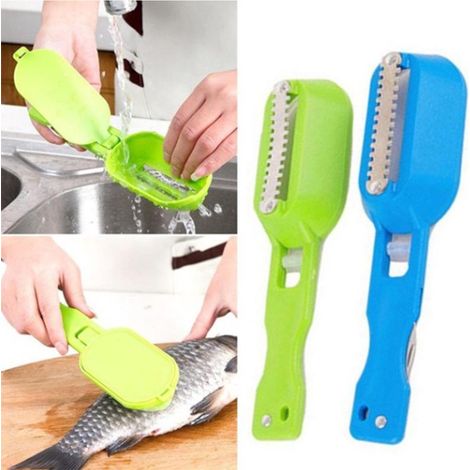 Écailleur de poisson en acier inoxydable, lot de 2 couteaux grattoirs, nettoyeur de poisson, ustensiles de cuisine, éplucheurs, accessoires de préparation, couleurs assorties (1/5)