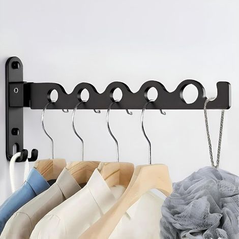 Clothes hanger, space-saving telescopic clothes hanger, clothing storage rack, foldable indoor wall-mounted clothes hanger with holes (black) (1/4)