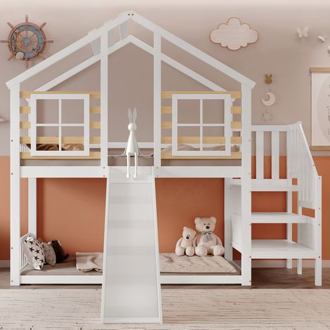 Letto a castello in legno massello e MDF bianco/naturale 90x200 cm con scivolo, scala e protezioni (1/5)
