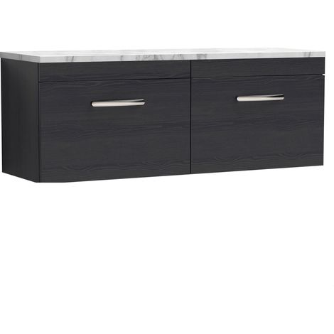 Millwich Contemporary 2 Drawer Wall Hung Vanity Unit with Laminate Carrara Marble Worktop, Charcoal Black, 1200mm