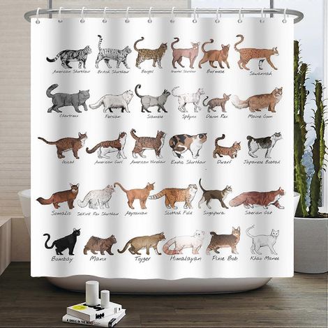 Rideau de douche 180x180cm à motifs animaux de dessin animé, chat blanc mignon et amusant, style minimaliste, rustique, ferme, garçon ou fille, avec crochets, décoration de salle de bain (1/5)
