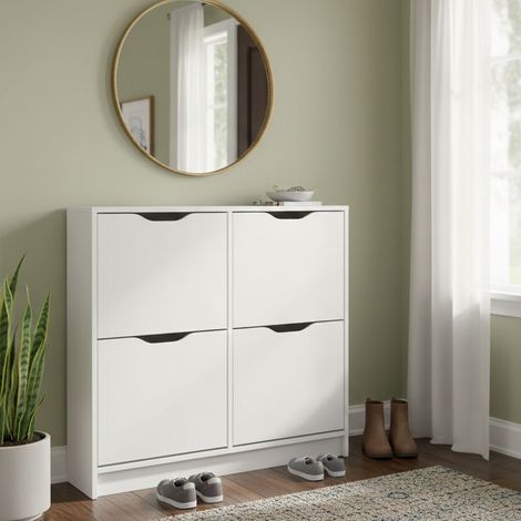 Dmora Meuble à chaussures avec quatre portes battantes, blanc 90 x 25 x 100, avec emballage renforcé (1/5)