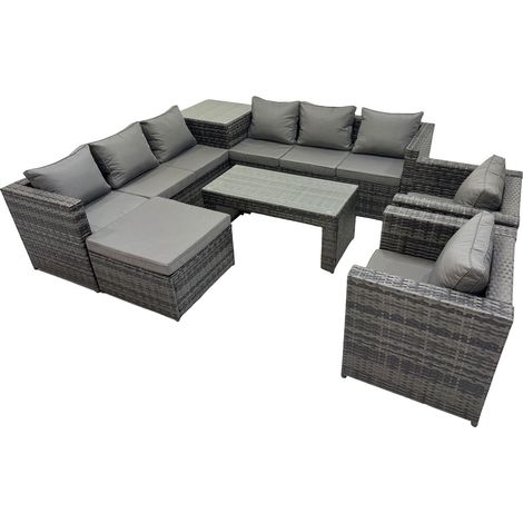 Fimous Garden Rattan Outdoor Furniture Set 9 Seater Patio Corner Sofa Oblong Coffee Table with Chair Big Stool Side Table Dark Grey (1/5)