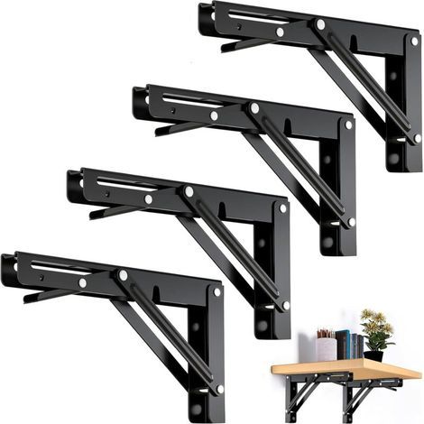 4 Pièces Support d' Étagères Pliable, 200mm Équerre Pliante Noir Support Console Pliants, Murale Supports Pliante, Pour Table Etagere Murale Garage Cuisine Chambre Bureau, Gain de place (1/5)