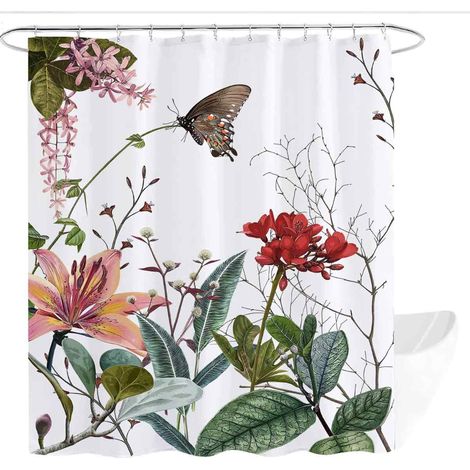 Rideau de douche en polyester à motifs floraux et végétaux aquarelle, quatre pièces, séparation sèche et humide, imperméable. (1/5)