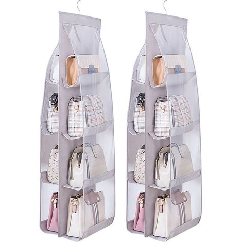 Organisateur de sac à main suspendu en 2 pièces pour armoires, avec 8 poches transparentes pratiques en PVC, gris (1/5)