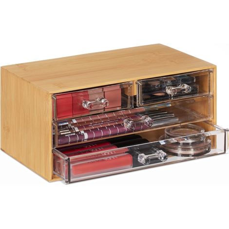 Relaxdays Organizer Trucchi, 4 Cassetti, Bambù e Plastica, 11x23,5x15 cm Portatrucchi Portaoggetti, Trasparente Naturale
