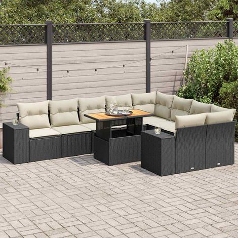 Set sofás jardín y cojines 10 pzas ratán sintético acacia negro vidaXL (1/5)