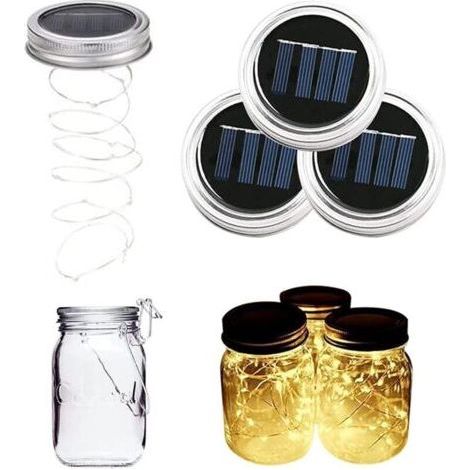 Lot de 3 Mason Jar Couvercle Guirlande Lumineuse Solaire Étanche 2m 20 LEDs Lampe d’Ambiance Décoration pour DIY Bocal LED, Bouteille, Maison, Noël, Mariage, Fête [Classe énergétique F] (1/4)