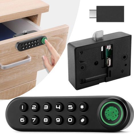 Cerradura de armario con huella digital, cerradura inteligente biométrica con contraseña y llave USB, cajón de almacenamiento oculto sin llave, seguridad infantil, muebles de madera para montar uno mi (1/5)