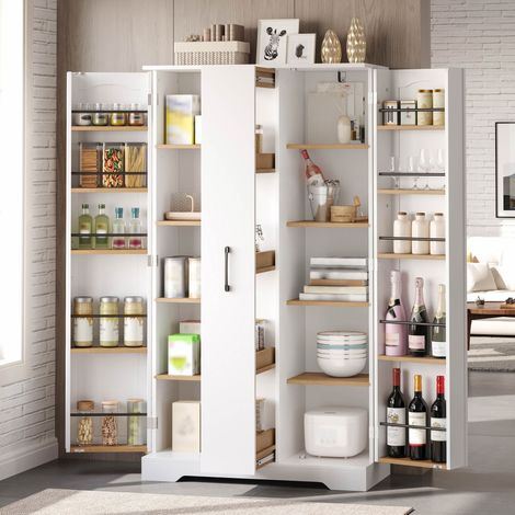 Armoire de cuisine avec étagère à épices, spacieuse armoire à double porte avec tiroir vertical à 4 niveaux, étagères réglables et design moderne – 150 × 78 × 40 cm, Blanc (1/5)