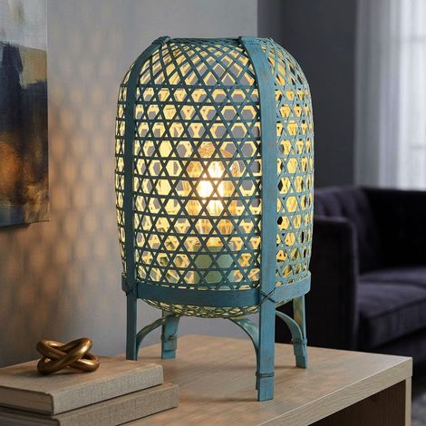 Lampada da tavolo a LED, lampada da salotto, interruttore, blu, metallo, bambù, H 37 cm (1/5)