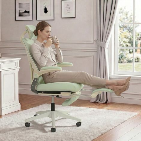 STILVORA Silla de oficina ergonómica ajustable con reposacabezas 3D y reposapiés, de espuma, verde (1/5)