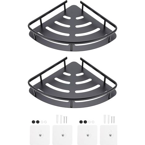Étagère de rangement triangulaire noire pour salle bain, sans perçage, en aluminium robuste, grande (1/5)