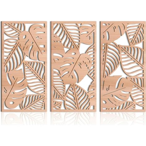 Escultura de pared de madera natural de 3 piezas - Decoración de pared estilo boho chic con hojas de monstera tropical - Arte de pared moderno y ligero para sala de estar, dormitorio, pasillo u oficin (1/5)