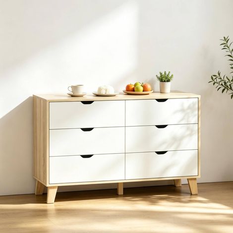 REDOM Kommode 120x40x76 cm, 6 Schubladen, Kippschutz, ausgeschnittene Griffe, Spanplatte, weiß und Eiche (1/5)