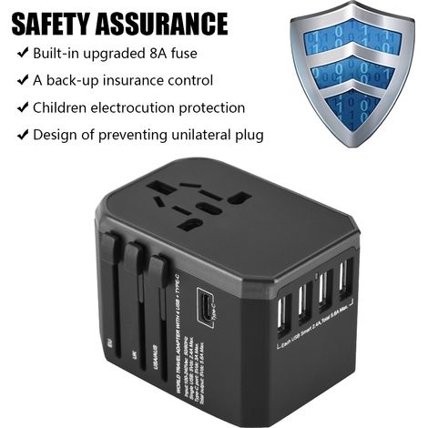 Universeller Reiseadapter mit 4 USB-Anschlüssen und Typ-C-Buchsen für US/AU/GB/EU-Standards (schwarz) (1/5)