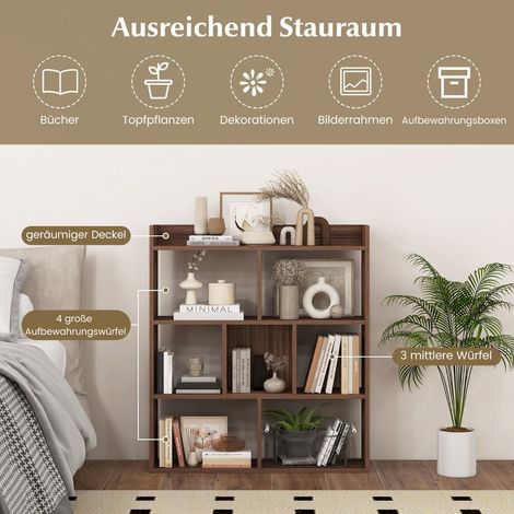 Bücherregal mit 7 Fächern, offener Rückwand, Walnuss-Finish, 80 x 20 x 90 cm