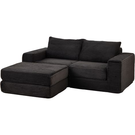 Sofá cama modular 2 en 1 de terciopelo de canalé negro con 2 cojines y reposapiés (1/5)