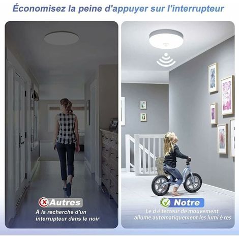 Plafonnier LED rond à détecteur de mouvement 9W blanc froid IP56 étanche pour intérieur et extérieur (escalier, salle de bain, garage, couloir) (1/4)