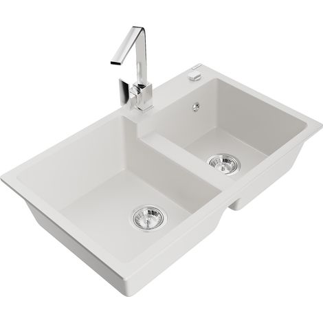 Mexen Tomas fregadero de granito de 2 compartimentos con grifo de cocina Rita, blanco - 6516-20-670300-00