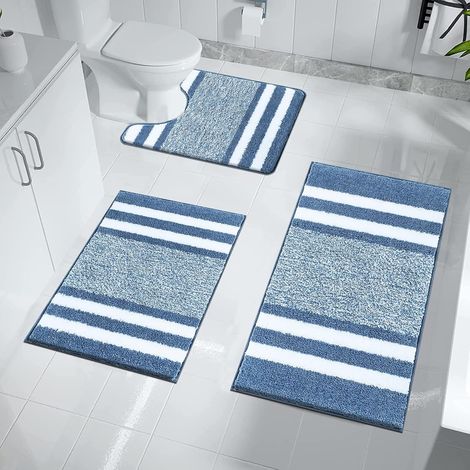 Lot de 3 Tapis de Bain Bleu, Super Absorbant Tapis de Salle de Bain Antidérapant, Microfibre et Moelleux Tapis de Douche Lavable en Machine, Ensemble Tapis Salle de Bain et WC (1/5)