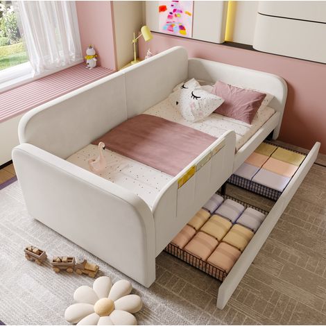 DESVIAE Lit enfant rembourré lit de jour avec rangement et raccord au lit parental 90 x 200 cm velours blanc 2 tiroirs à roulettes 3 poches latérales sommier cadre métal panneaux surélevés (1/4)