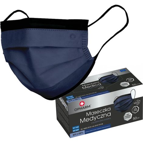 Masque chirurgical bleu marine type IIR – 3 couches – Élastiques – Protection contre bactéries – Lot de 50 pièces (1/5)