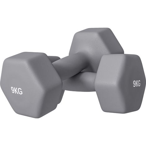 Set 2 Manubri Esagonali da 9 kg in Metallo e Plastica con Impugnatura Antiscivolo, 25x11x11cm, Grigio