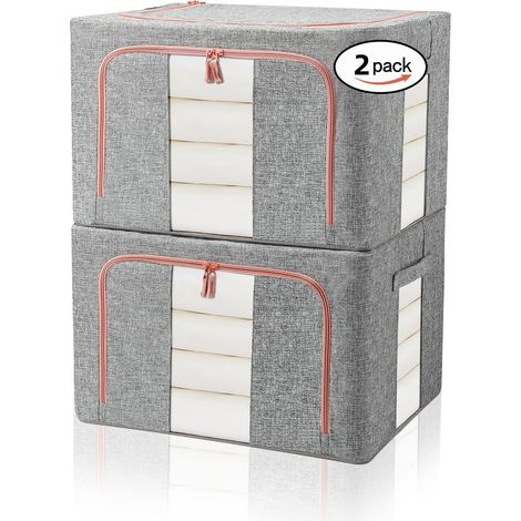 Lot de 2 Sacs de Rangement Pliables et Rigides pour Couettes, Boite de Rangement Armoire pour Édredons Couvertures Oreillers Jouets Vestes Vêtements, Avec Fenêtres Transparentes, Gris