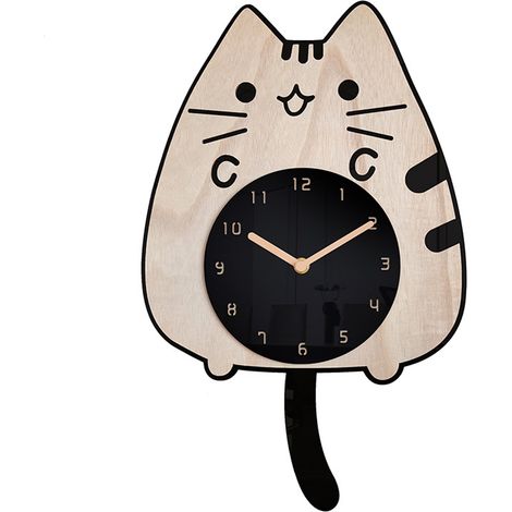 Horloge Murale en Bois "Chat qui Remue la Queue" - Cartoon, Silencieuse et Créative - pour Chambre d'Enfant - avec Pendule (1/5)