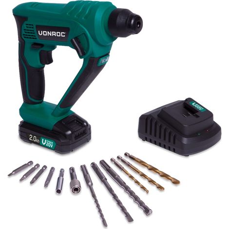 Vonroc – Marteau perforateur sans fil 20V – 1 batterie 2.0Ah – SDS-plus – 3 forets béton inclus – Mécanisme d'impact 1,3 Joule (1/5)