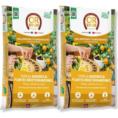 Lot de 2 Terreau OR BRUN Agrumes & Plantes Méditerranéennes 20L - Le Secret d'une Floraison Réussie
