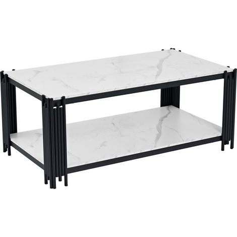 Table basse rectangulaire avec plateau effet marbre et pieds en métal, blanc et noir, 114 x 64 x 46 cm (1/5)