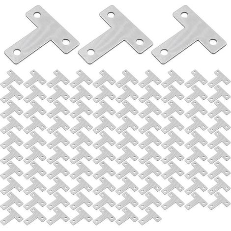 100 équerres plates de réparation, supports en T en acier inoxydable, équerres d'angle plates, équerres d'angle à trous multiples pour bois (1/4)