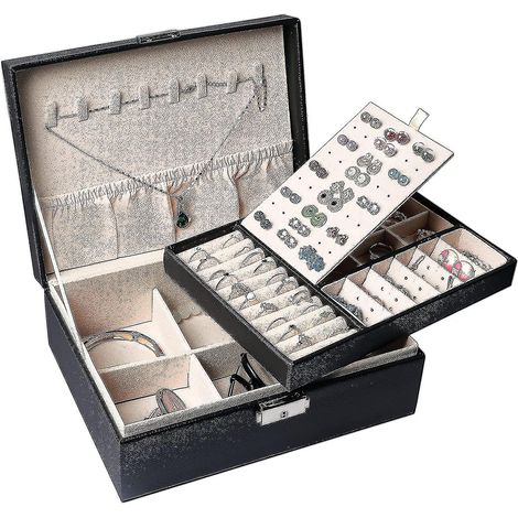 Boîte À Bijoux - 2 Niveaux Avec Tiroir Amovible Et Serrure Métallique - Pour Colliers Bracelets Boucles D Oreilles Anneaux - 1 Pièce